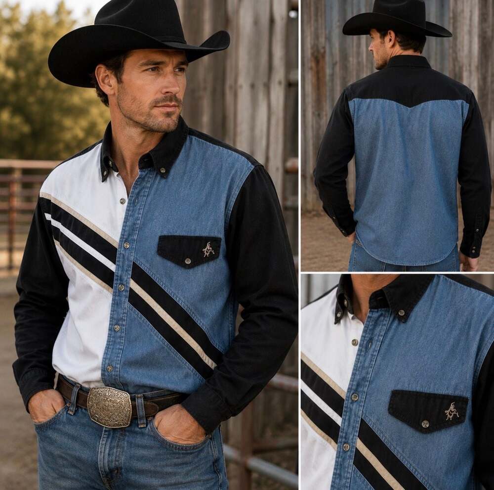 Vintage Express Rider Men’s M Western Denim Colorblock Shirt Black White Blue